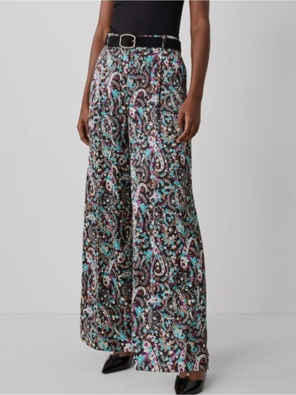 NWT Ann Taylor Black Paisley Print Wide-Leg Pants with Teal & Purple Accents